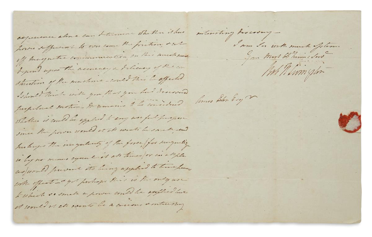 I SHOULD THINK WITH YOU THAT YOU HAD DISCOVERED PERPETUAL MOTION ROBERT R. LIVINGSTON. Autograph Letter Sig...